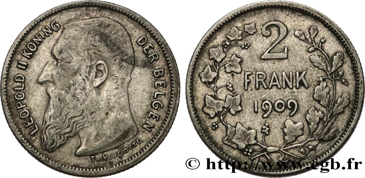 BELGIQUE 2 Frank (Francs) Léopold II légende flamande 1909  TB+ 