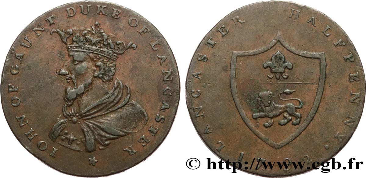 BRITISH TOKENS OR JETTONS 1/2 Penny Lancaster, Jean de Gand 1792  XF 