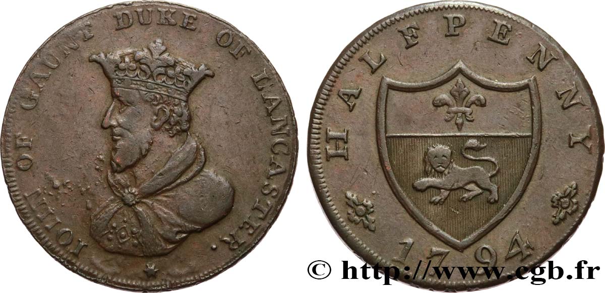 BRITISH TOKENS OR JETTONS 1/2 Penny Lancaster, Jean de Gand 1794  VF 