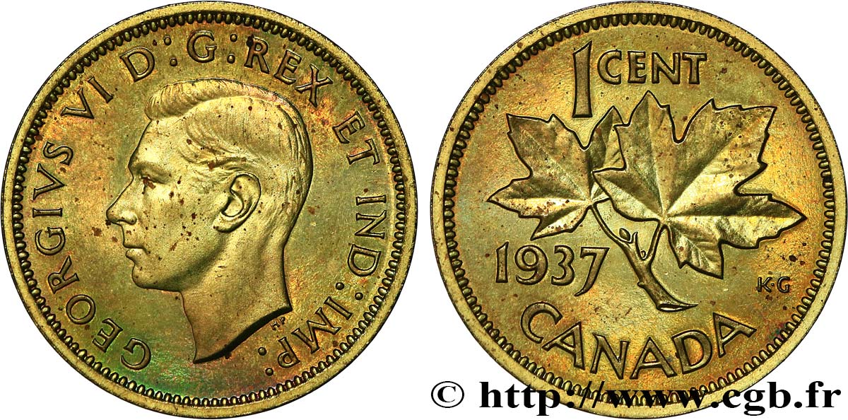 CANADA - GEORGE VI Essai de frappe 1 Cent Laiton 1937 - MS 