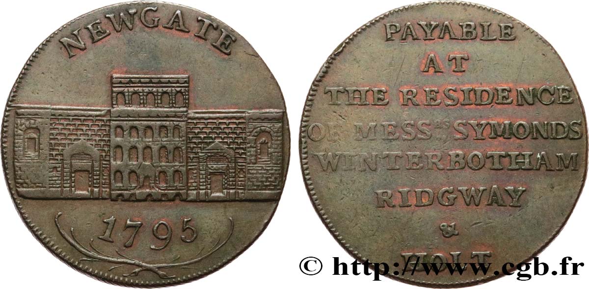BRITISH TOKENS OR JETTONS 1/2 Penny Newgate (Middlesex) 1795  XF 
