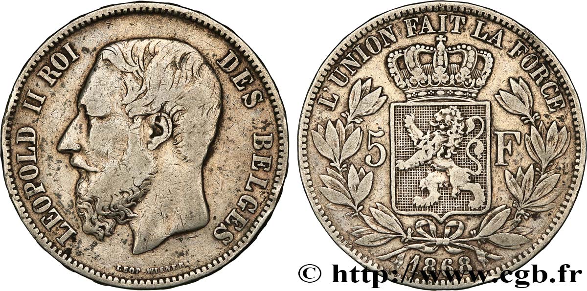 BELGIQUE 5 Francs Léopold II 1868  TB+ 