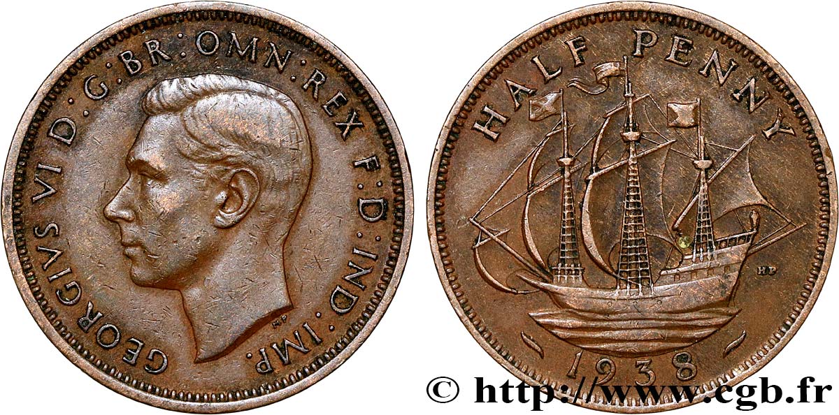ROYAUME-UNI 1/2 Penny Georges VI 1938  TTB 