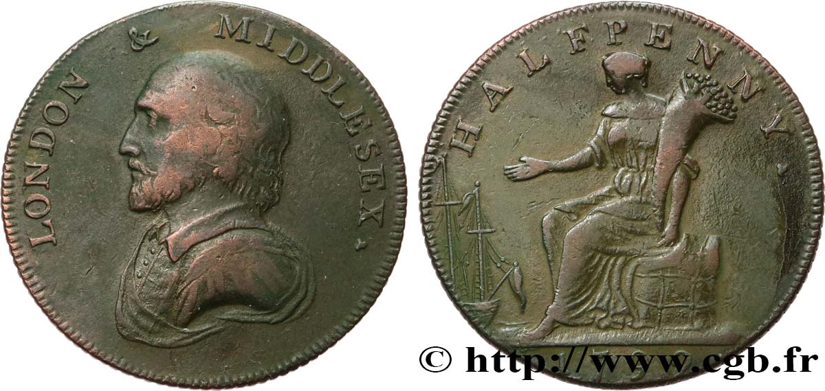 GETTONI BRITANICI 1/2 Penny Londres (Middlesex) William Shakespeare / femme assise avec corne d’abondance 1792  q.BB 