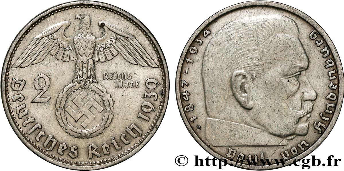 GERMANY 2 Reichsmark Maréchal Paul von Hindenburg 1939 Munich  XF 