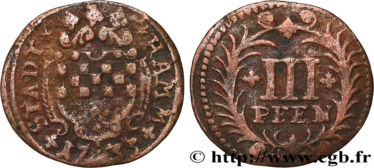 ALLEMAGNE - HAMM 3 Pfennig 1733  TB+ 