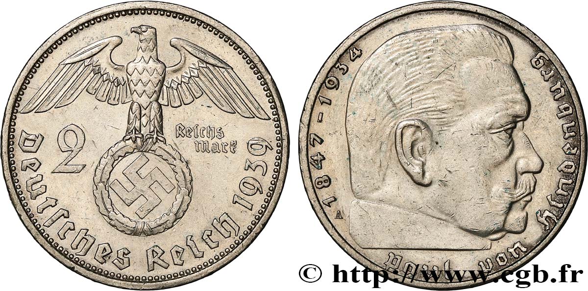 DEUTSCHLAND 2 Reichsmark Maréchal Paul von Hindenburg 1939 Berlin fVZ 