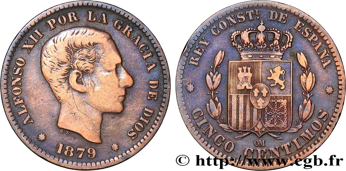 SPAIN 5 Centimos Alphonse XII 1879 Oeschger Mesdach & CO VF 