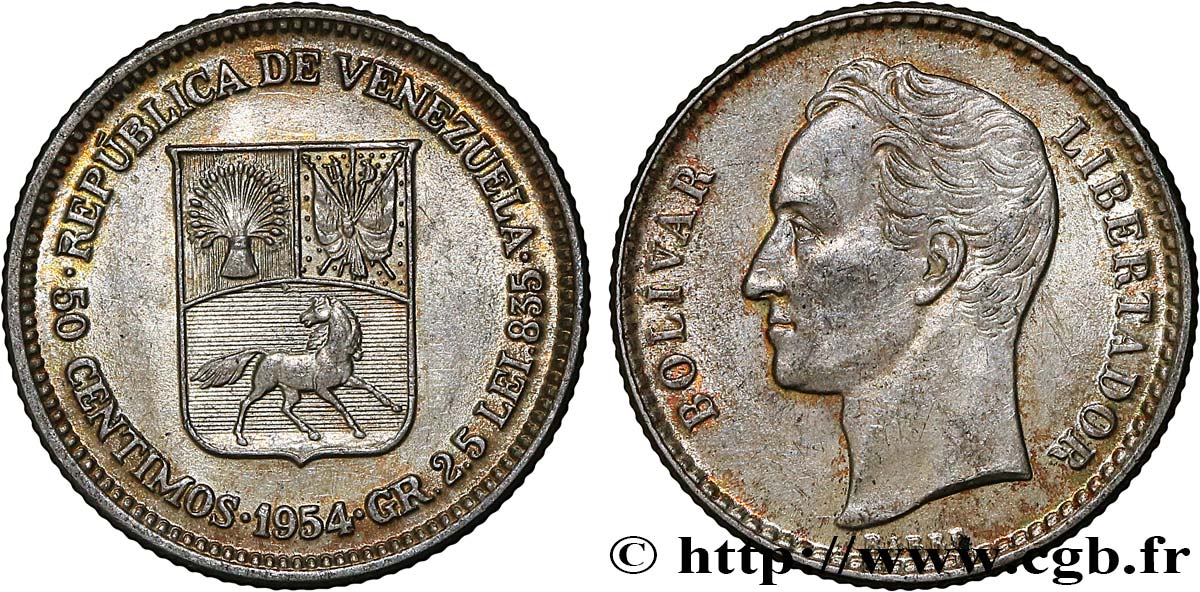 VENEZUELA 50 Centimos emblème / Simon Bolivar 1954 Philadelphie MS 