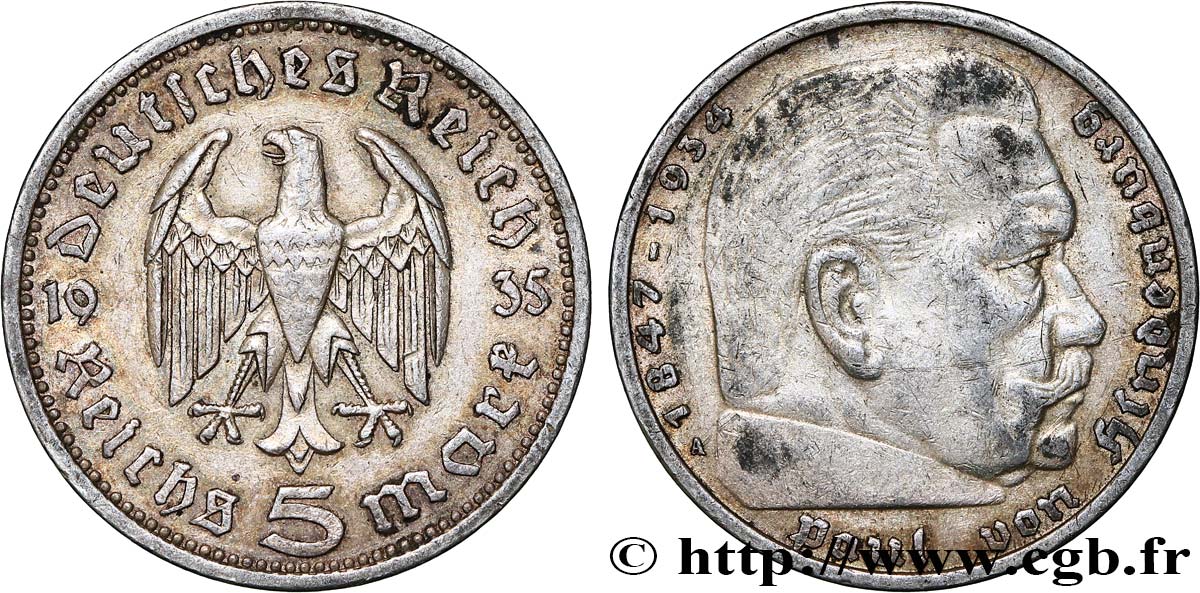 DEUTSCHLAND 5 Reichsmark Maréchal Paul von Hindenburg 1935 Berlin SS 