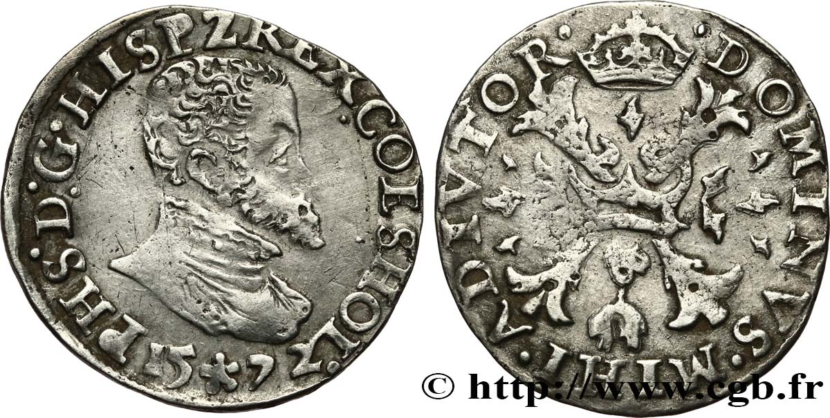 SPANISH NETHERLANDS - COUNTY OF HOLLAND - PHILIP II OF SPAIN 1/10 Écu (1/10 Philipsdaalder) 1572 Dordrecht XF 