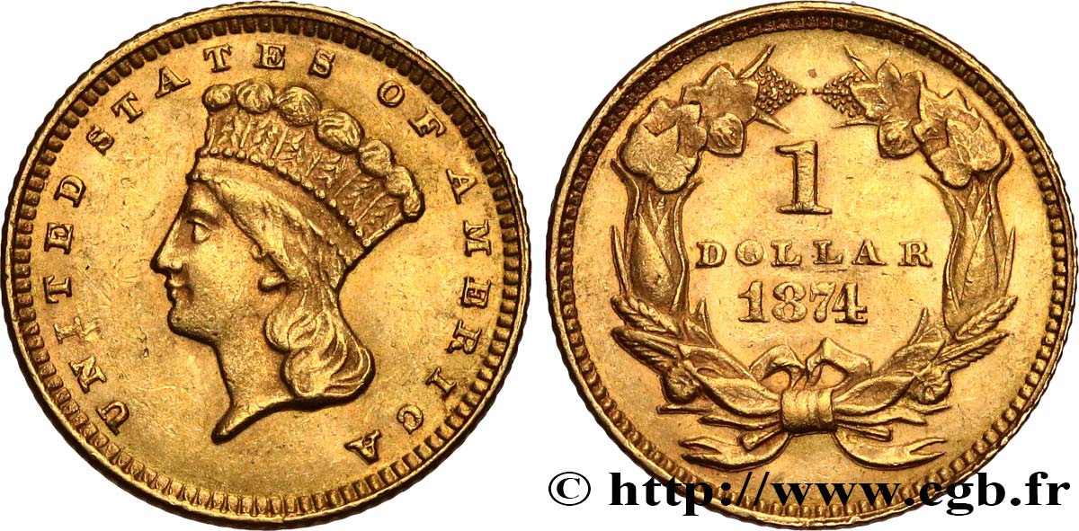 ÉTATS-UNIS D AMÉRIQUE 1 Dollar ”Indian Princess” 1874 Philadelphie AU 