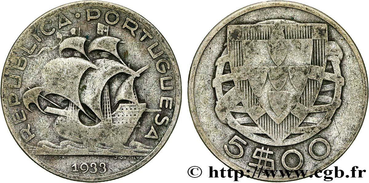PORTUGAL 5 Escudos emblème 1933  TTB 