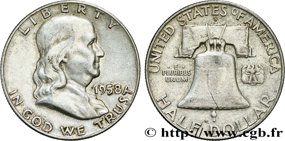 ÉTATS-UNIS D AMÉRIQUE 1/2 Dollar Benjamin Franklin 1958 Denver TB+ 