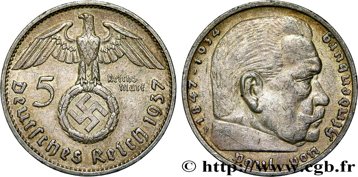 GERMANY 5 Reichsmark Maréchal Paul von Hindenburg 1937 Stuttgart XF 
