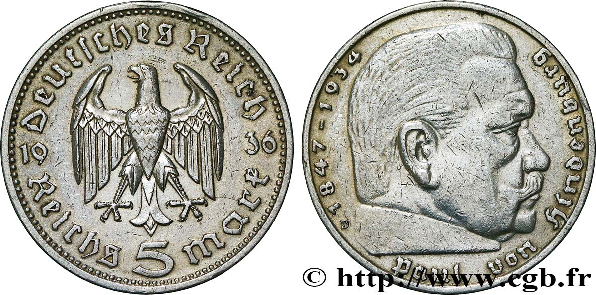 GERMANY 5 Reichsmark Maréchal Paul von Hindenburg 1936 Munich XF 