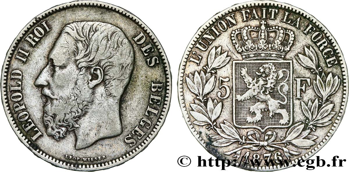 BELGIO 5 Francs Léopold II 1876  BB 