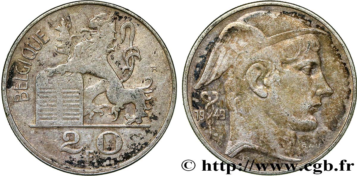 BÉLGICA 20 Francs Mercure, légende française 1949  BC+ 