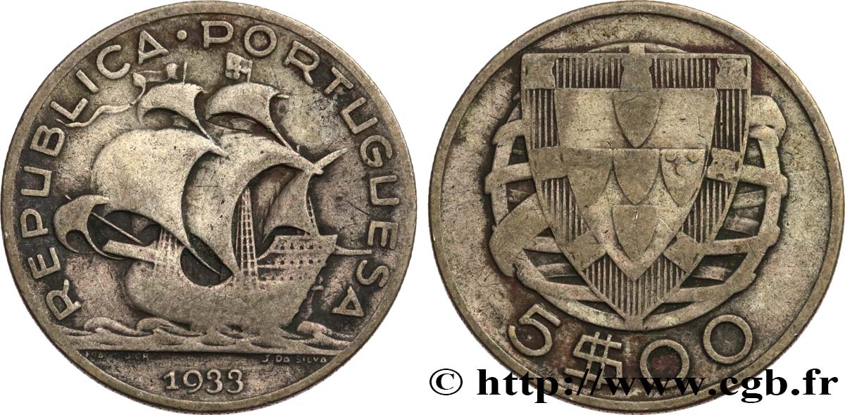 PORTOGALLO 5 Escudos emblème 1933  BB 