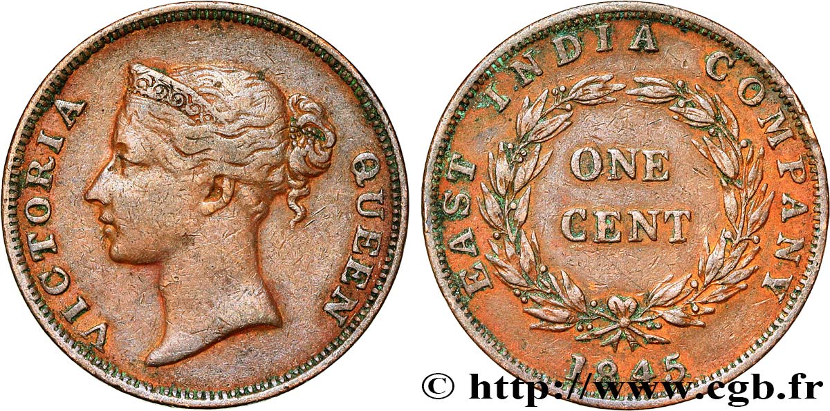 STRAITS SETTLEMENTS 1 Cent Victoria East India Company 1845  XF 