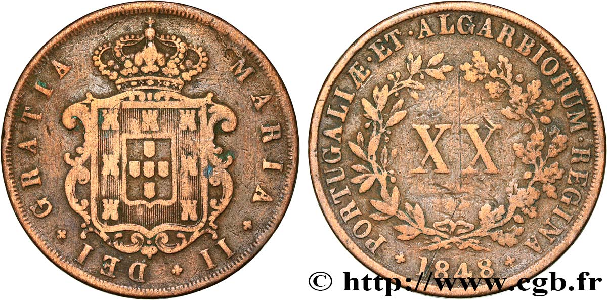 PORTUGAL 20 Reis Marie II 1848  BC+ 