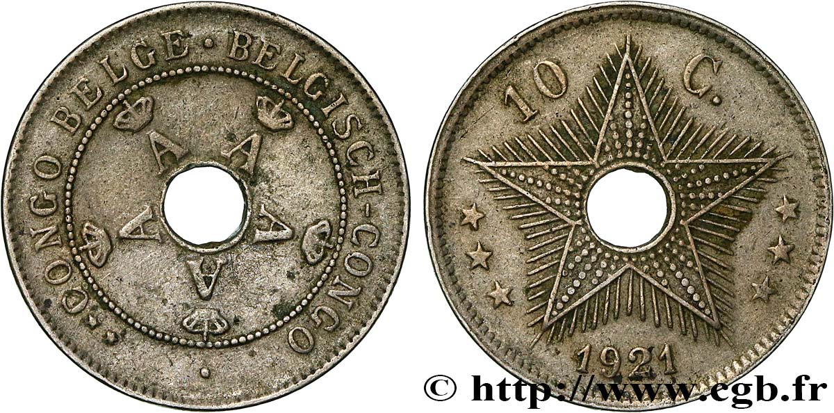 BELGIAN CONGO 10 Centimes monogrammes du roi Albert 1921 Bruxelles XF 
