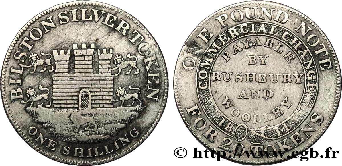 BRITISH TOKENS OR JETTONS 1 Shilling Bilston (Staffordshire) 1811  VF 