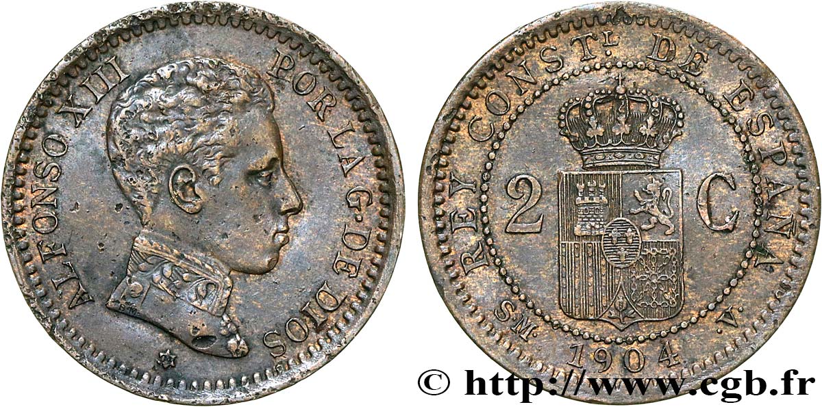 ESPAGNE 2 Centimos Alphonse XIII 1904 Madrid TTB 