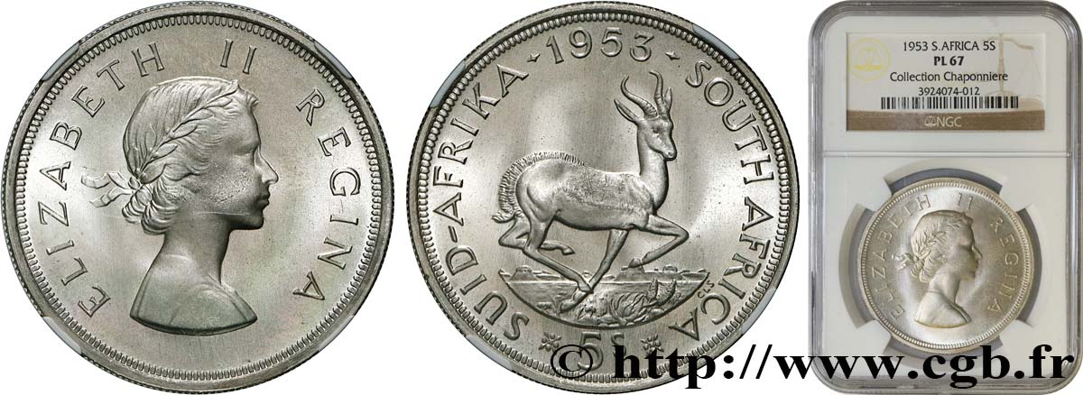 SUDÁFRICA 5 Shillings Prooflike Elisabeth II 1953 Pretoria FDC67 NGC