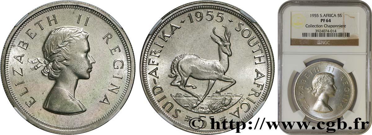 AFRIQUE DU SUD 5 Shillings Proof Elisabeth II 1955 Pretoria SPL64 NGC