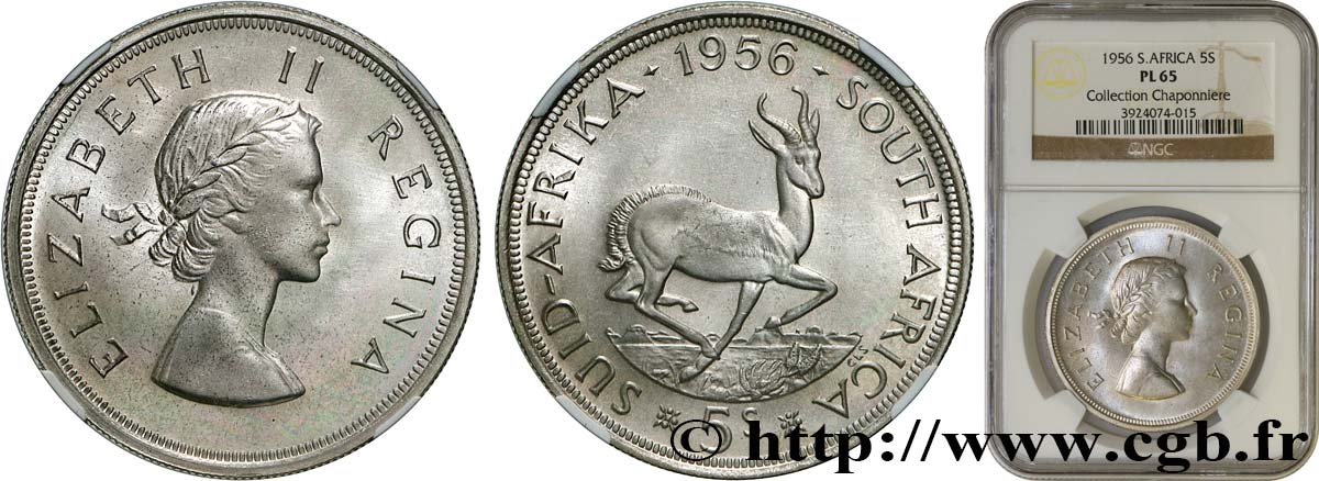 AFRIQUE DU SUD 5 Shillings Prooflike Elisabeth II 1956 Pretoria FDC65 NGC