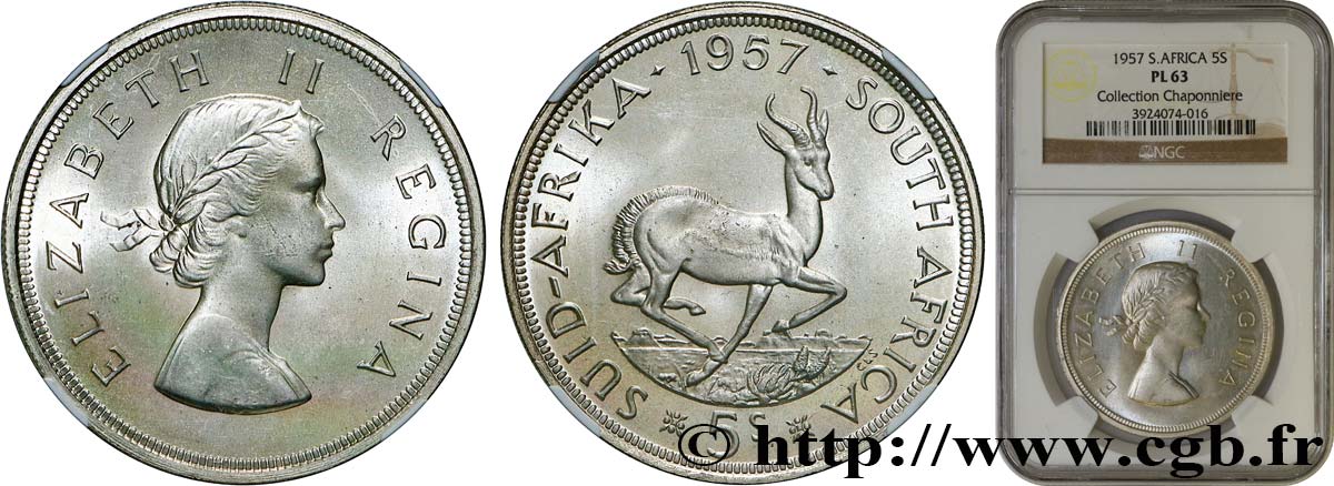 SUDAFRICA 5 Shillings Prooflike Elisabeth II 1957 Pretoria MS63 NGC