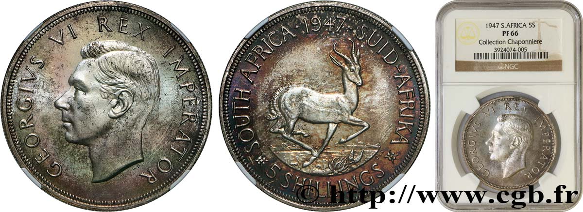 SUDÁFRICA 5 Shillings Proof Georges VI 1947 Pretoria FDC66 NGC