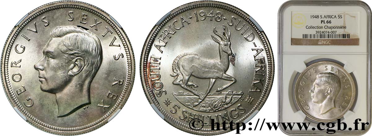 SUDAFRICA 5 Shillings Prooflike Georges VI 1948 Pretoria FDC66 NGC