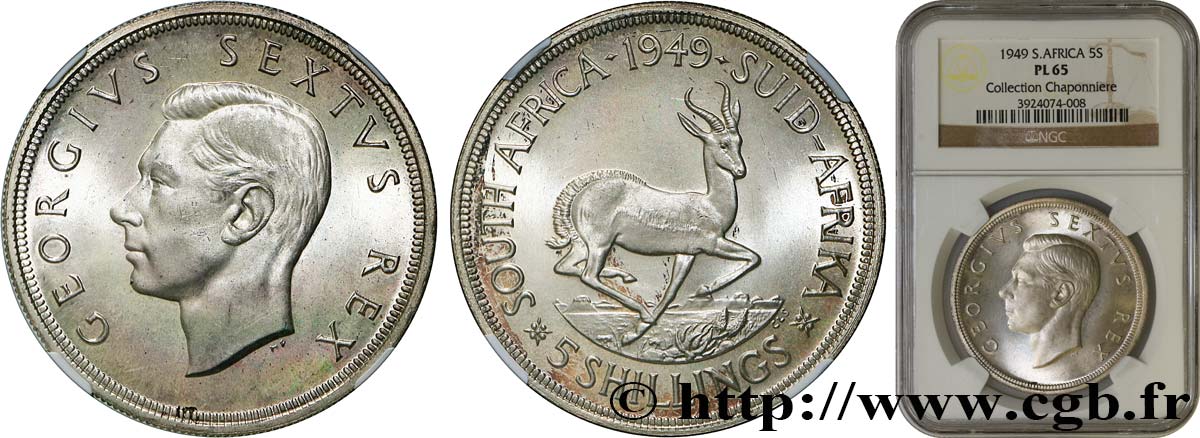 SUDAFRICA 5 Shillings Prooflike Georges VI 1949 Pretoria FDC65 NGC