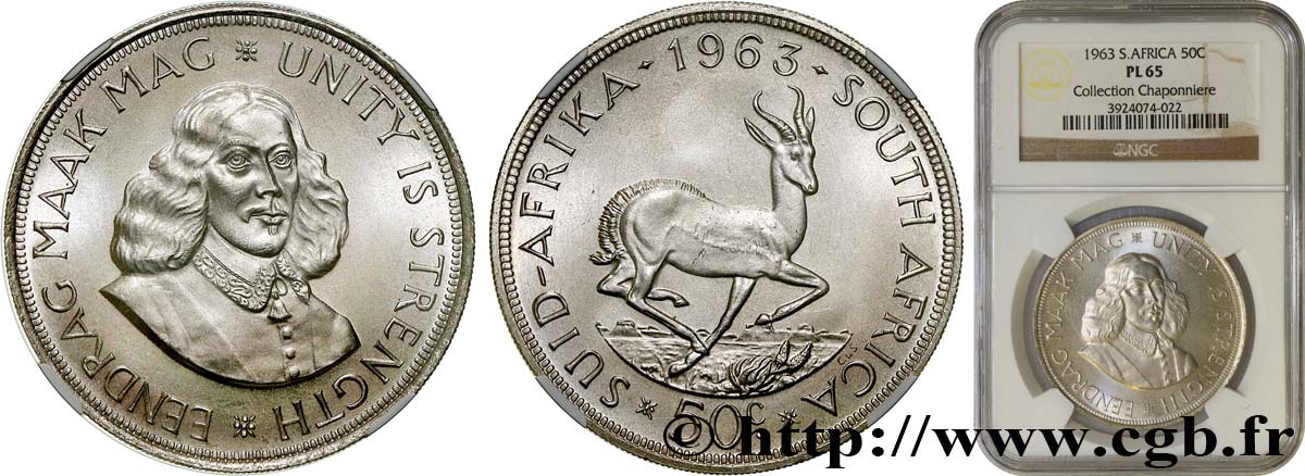 SUDAFRICA 50 Cents Prooflike Jan van Riebeeck 1963 Pretoria FDC65 NGC