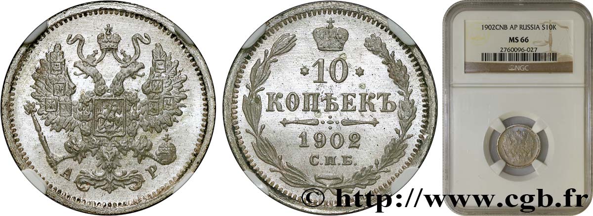 RUSSIA 10 Kopecks 1902 Saint-Petersbourg MS66 NGC