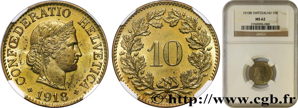 SWITZERLAND 10 Centimes (Rappen) Tête de Libertas 1918 Berne MS62 NGC