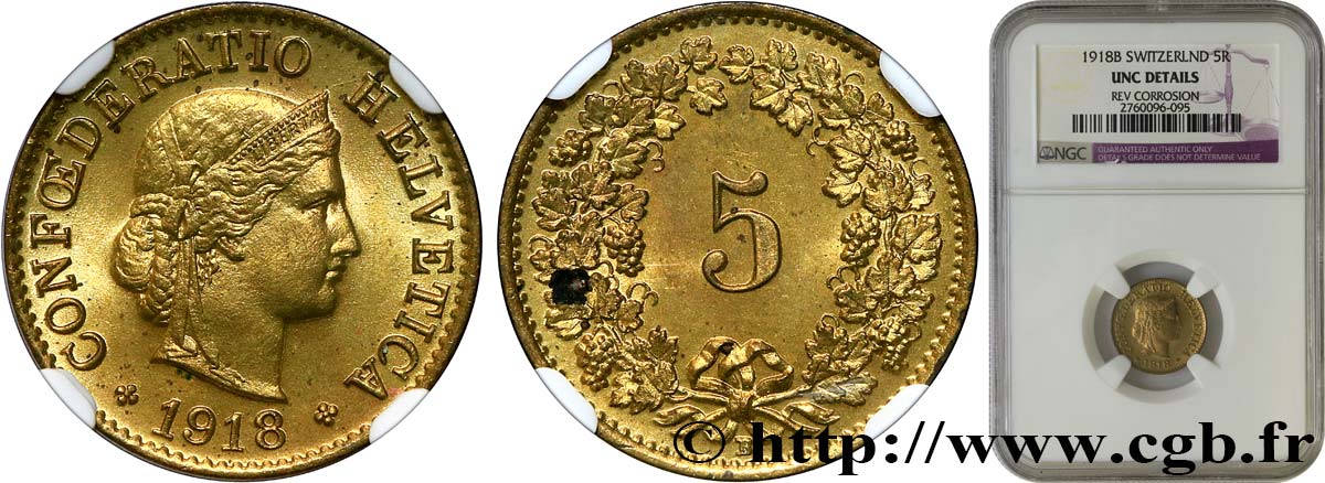 SWITZERLAND 5 Centimes (Rappen) Tête de Libertas 1918 Berne MS NGC