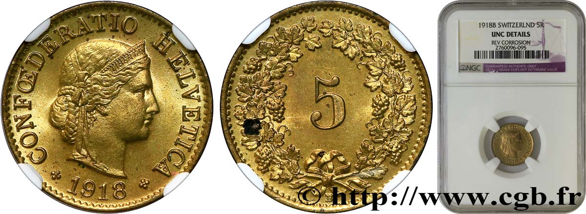 SUISSE 5 Centimes (Rappen) Tête de Libertas 1918 Berne SPL NGC