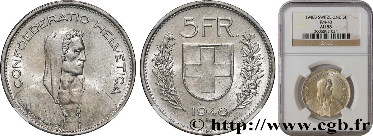SVIZZERA  5 Francs Berger 1948 Berne SPL58 NGC