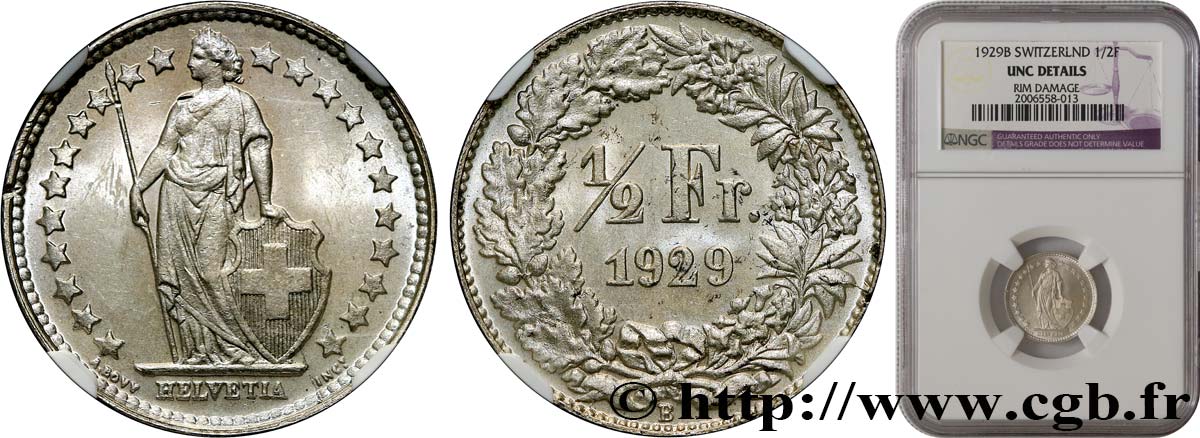 SUISSE 1/2 Franc Helvetia 1929 Berne SPL NGC