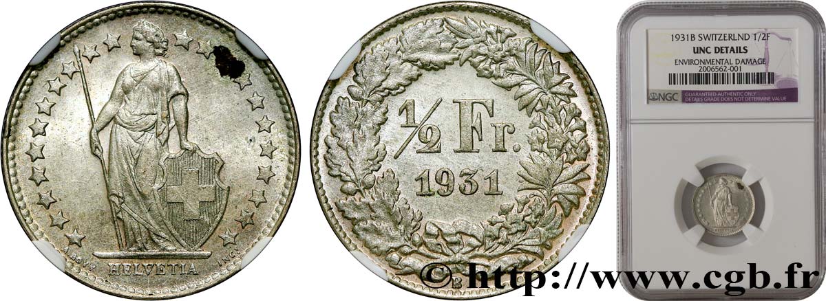 SWITZERLAND 1/2 Franc Helvetia 1931 Berne MS NGC