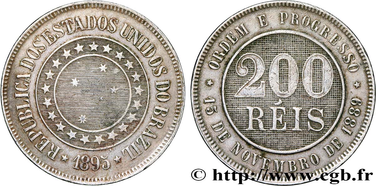 BRAZIL 200 Reis 1895  AU 