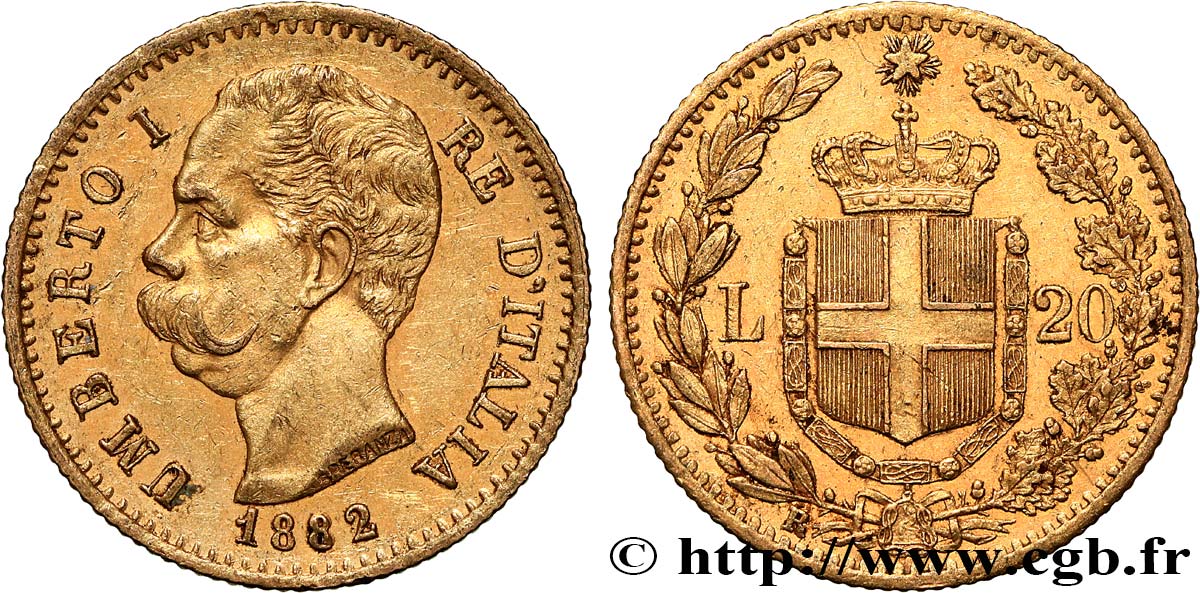 INVESTMENT GOLD 20 Lire Umberto Ier 1882 Rome SPL 