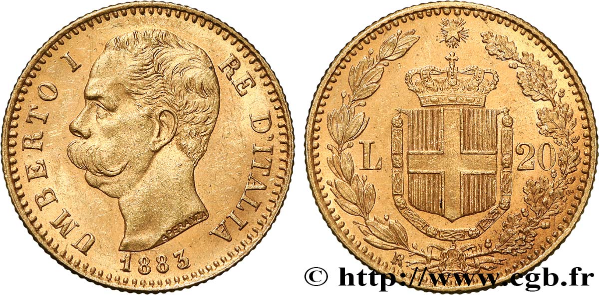 INVESTMENT GOLD 20 Lire Umberto Ier 1883 Rome - R AU 