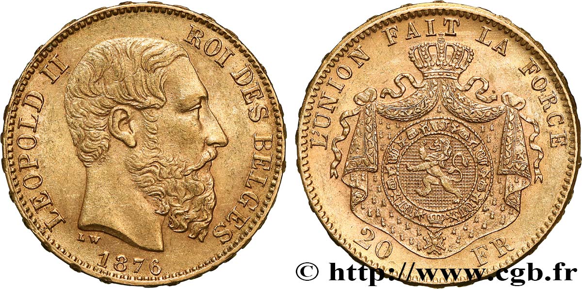 INVESTMENT GOLD 20 Francs Léopold II 1876 Bruxelles EBC 