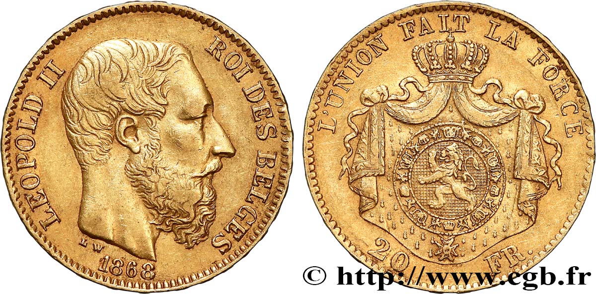 INVESTMENT GOLD 20 Francs Léopold II 1868 Bruxelles fVZ 