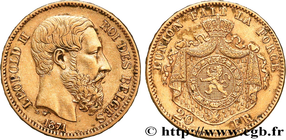 INVESTMENT GOLD 20 Francs Léopold II 1871 Bruxelles fVZ 