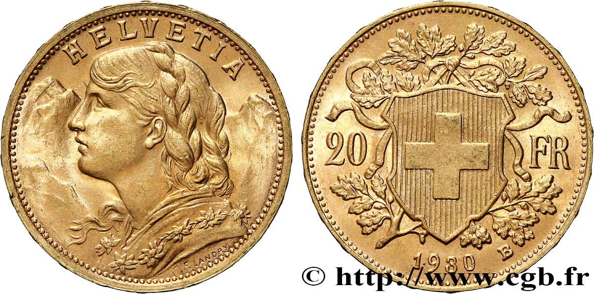 GOLD, PALLADIUM & PLATINUM INVESTMENT 20 Francs  Vreneli  1930 Berne AU 